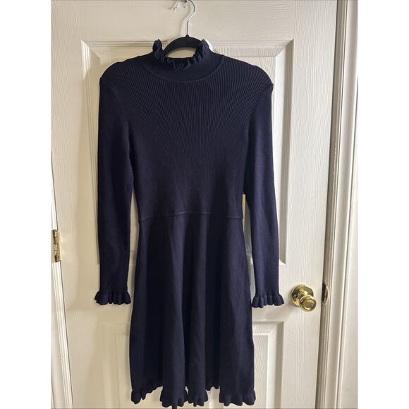 ELIZA J Navy Blue Ruffle Mock Neck Ribbed Knit Flare Skirt Sweater Dress M - Picture 1 of 6